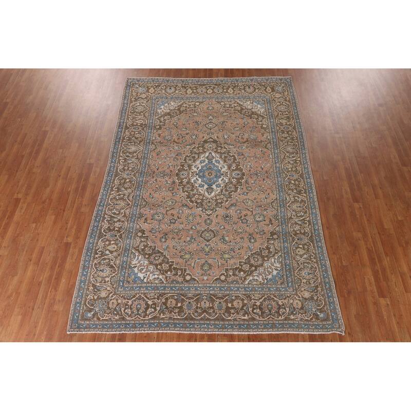 Traditional Kashan Persian Vintage Area Rug Hand-Knotted Wool Carpet - 7'7"x 11'0"