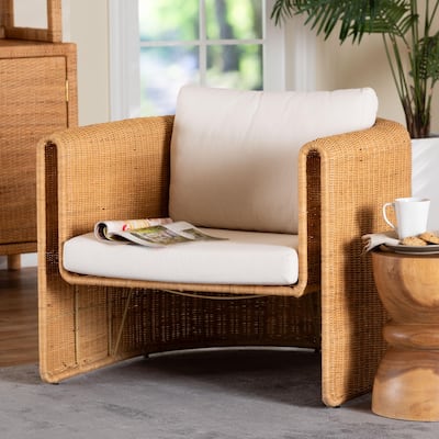 Carina Natural Rattan Armchair with Cushion - Handwoven Lounge Chair with U-Shaped Silhouette and Deep Seating