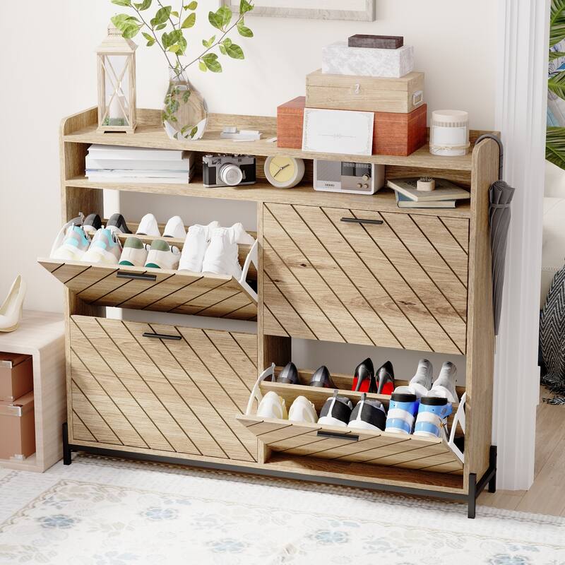 Freestanding Shoe Cabinet with 4 Flip Drawers, Hidden Narrow Shoe Rack with Open Storage, Shoe Storage Cabinet for Entryway - Driftwood