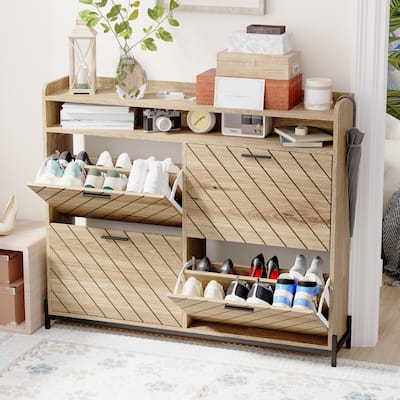 Freestanding Shoe Cabinet with 4 Flip Drawers, Hidden Narrow Shoe Rack with Open Storage, Shoe Storage Cabinet for Entryway