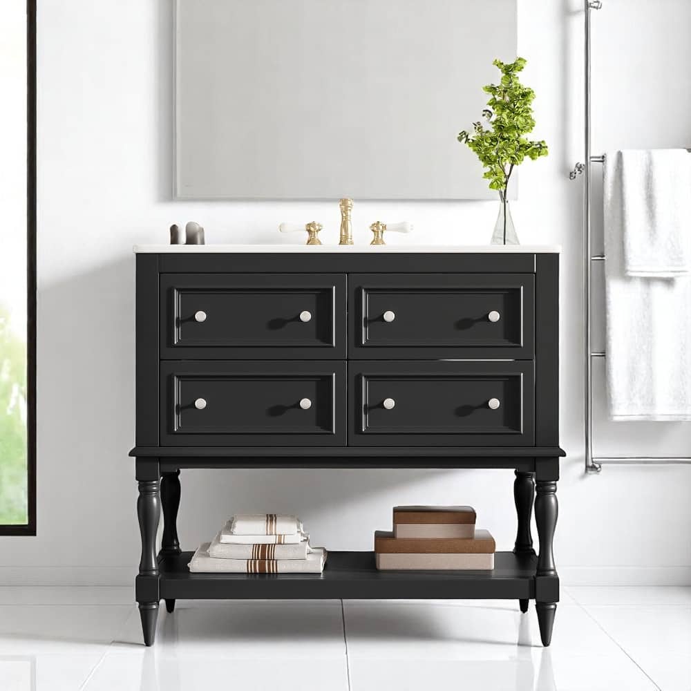 36 Inch Bathroom Vanity Sink Combo, Undermount Ceramic Basin, MDF and Solid Wood Cabinet with 4 Storage Drawers