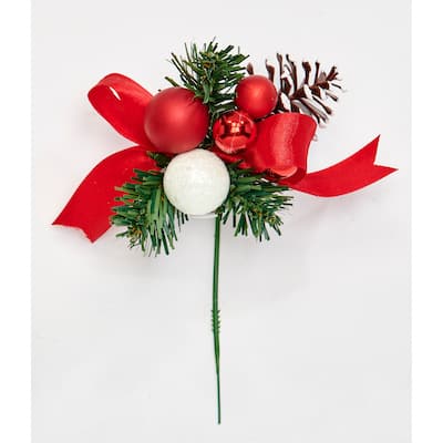 8" Pine Ball Pine Cone Pick with Bow, Set of 12 - Multicolor - 8