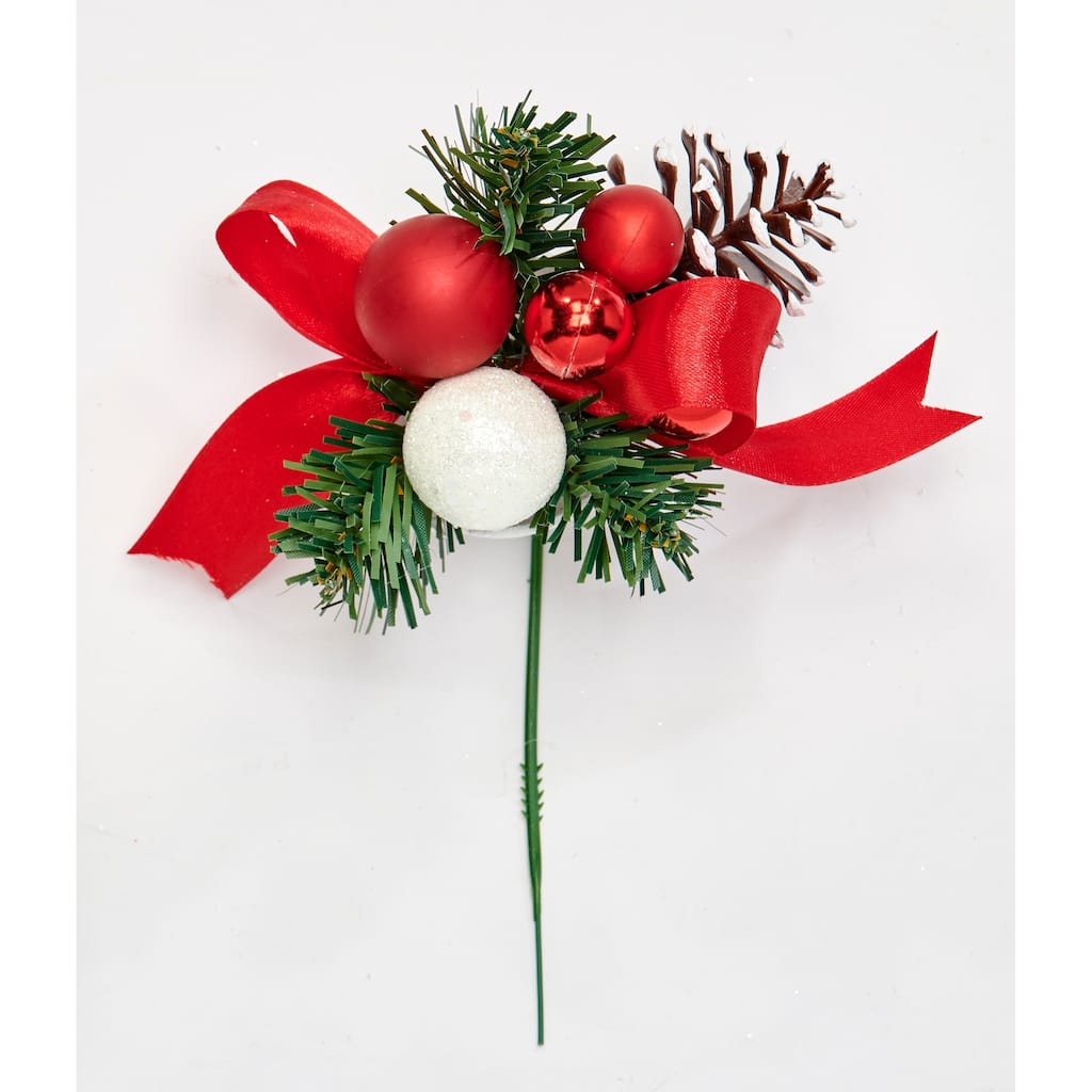 8" Pine Ball Pine Cone Pick with Bow, Set of 12 - Multicolor - 8