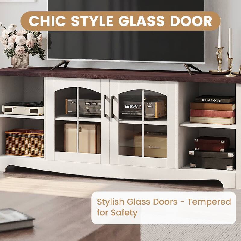 EROMMY Solid Wood TV Stand, Modern Entertainment Center with Glass Doors & Adjustable Shelves.