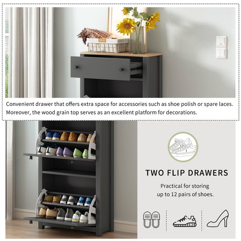 Entryway Organizer with 2 Drawers,Wood Grain Pattern Top Shoe Cabinet with Drawer, Free Standing Shoe Rack with Adjustable Panel