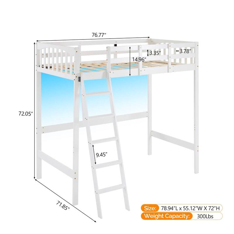 Solid Wood Loft Bed with USB Charging Station/LED with Flat Rungs,No Box Spring Needed
