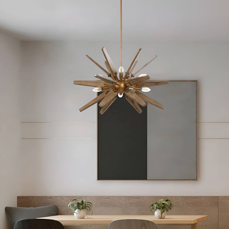 6 - Light Natural Metal Wood Sputnik Sphere Chandelier
