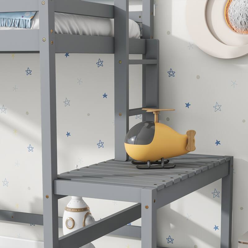 Grey Twin High Loft Bed with Ladder Landing Platform, Guardrails and Ample Underbed Space