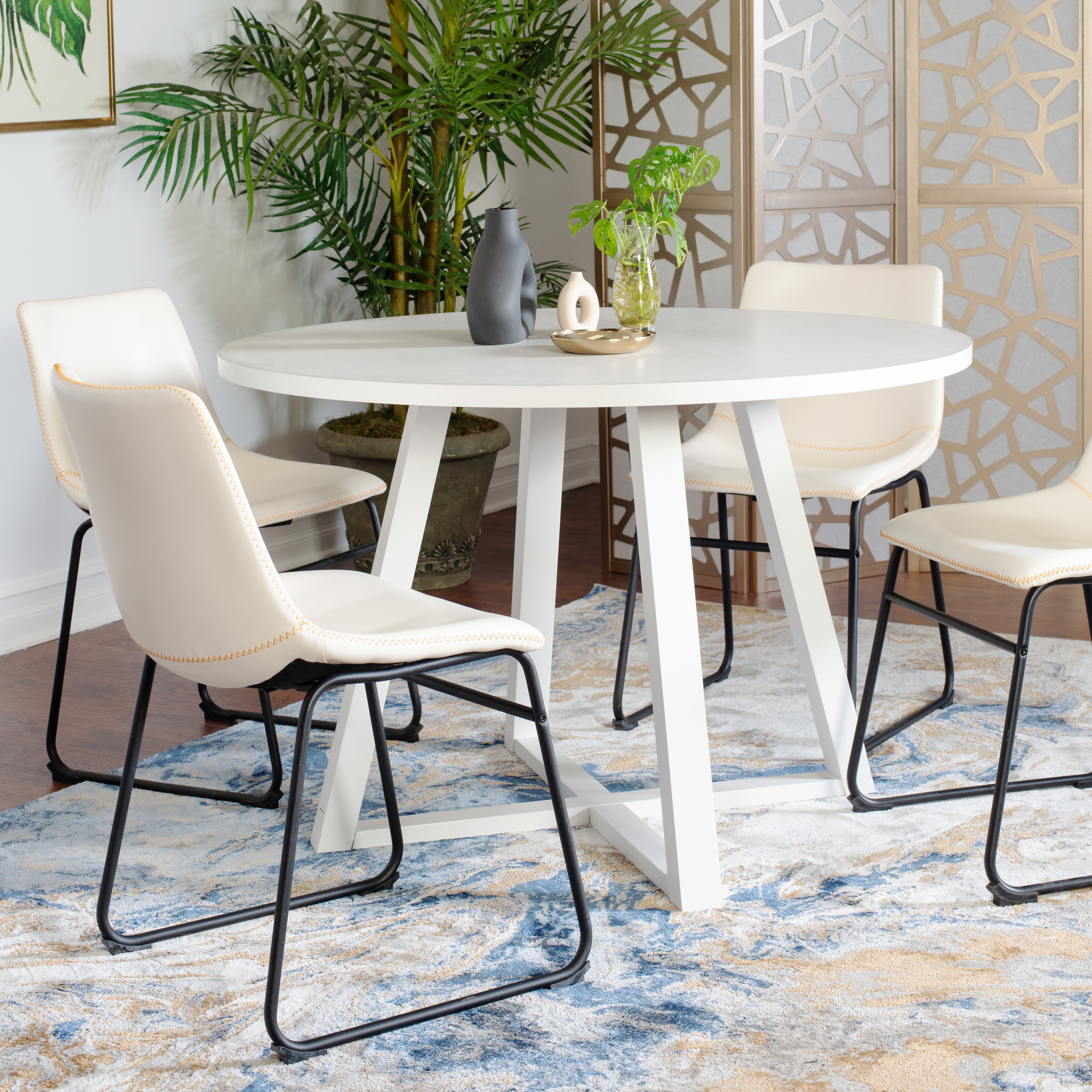 Leather Barrel Chairs with Sled Base, Exquisite Round Dining Table with Trestle, White Kitchen Table and Chairs Set
