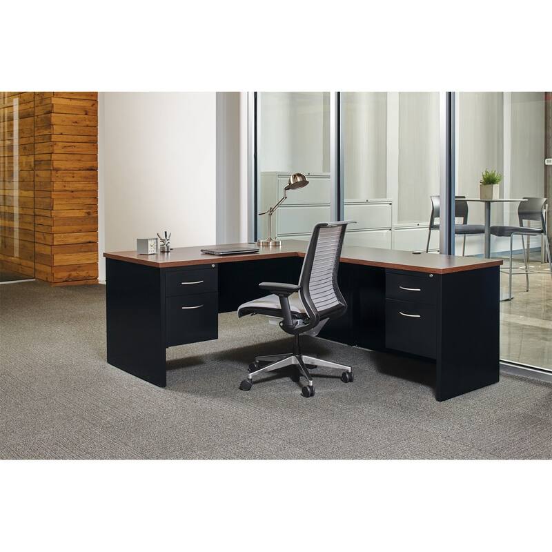 Hirsh Executive Office Modular Left-Hand Single Pedestal File Office Desk, 36" D x 72" W, Black / Walnut