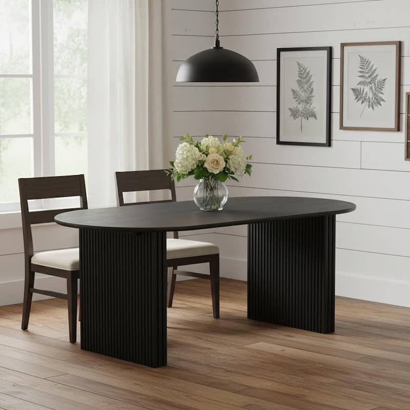 HomeRoots 67" Black Solid Wood Double Pedestal Base Oval Dining Table - 67.00 in. x 30.00 in. x 33.50 in. - Black - 67.00 in. x 30.00 in.  x 33.50 in.