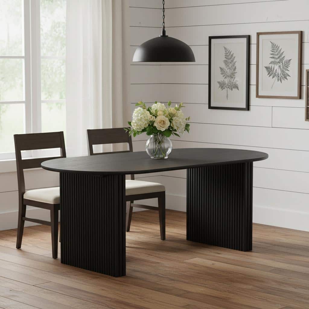 HomeRoots 67" Black Solid Wood Double Pedestal Base Oval Dining Table - 67.00 in. x 30.00 in. x 33.50 in.