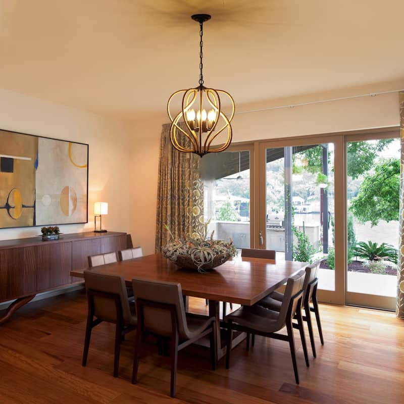 6-Light Rustic Rope - Wrapped Metal Chandelier, Adjustable Height, E12 Bulb Compatible - Matte Black