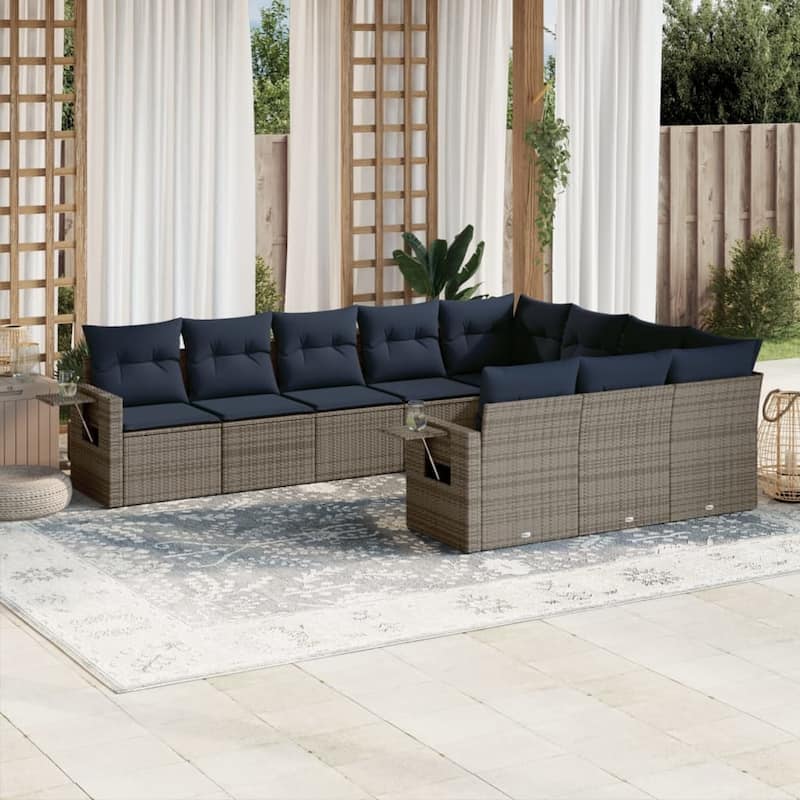 vidaXL Patio Sofa Set with Cushions Outdoor Conversation Furniture Poly Rattan - 24.4 x 24.4 x 27.2 - Grey and Blue-Without table