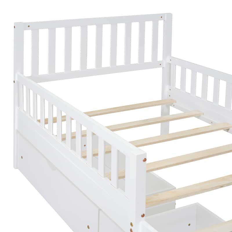 Twin Size Wood Platform Bed with Guardrails and Storage Drawers, White