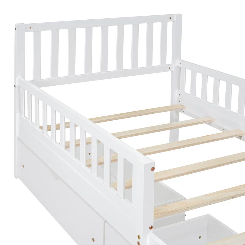 Twin Size Wood Platform Bed with Guardrails and Two Storage Drawers, Gray, Sturdy Construction