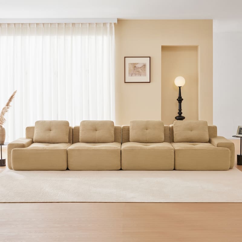 Roomfitters No Assembly Modular Sofa, 117 Inch Corduroy 3-Seater with Piping, Camel