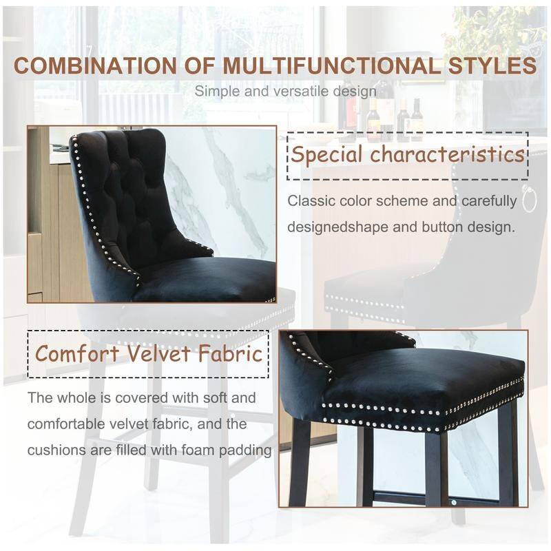 Contemporary Upholstered Velvet Barstools with Button Tufted Set of 2