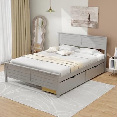 Full Size Platform Bed with 2 Storage Drawers Coastal Modern Wooden Slatted Frame