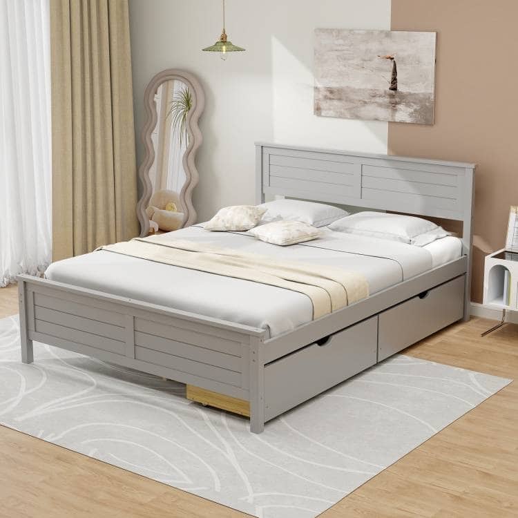 Full Size Platform Bed with 2 Storage Drawers Coastal Modern Wooden Slatted Frame