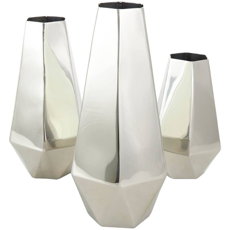 Silver or Gold Stainless Steel Metal Hexagon Shaped Geometric Vase with Varying Heights (Set of 3)