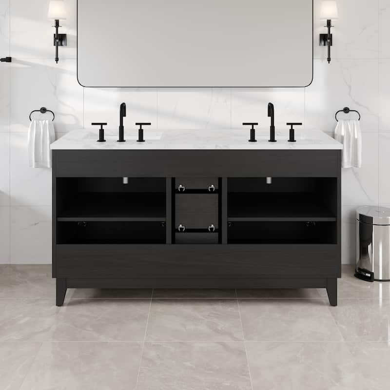 Graham 60"W Double Sink Bath Vanity with White Arabescato Engineered Stone Top