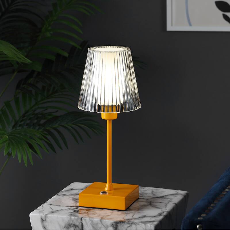 Lina 12.5" Modern Industrial Rechargeable/Cordless Iron/Acrylic Integrated LED Table Lamp with Ribbed Shade, by JONATHAN Y