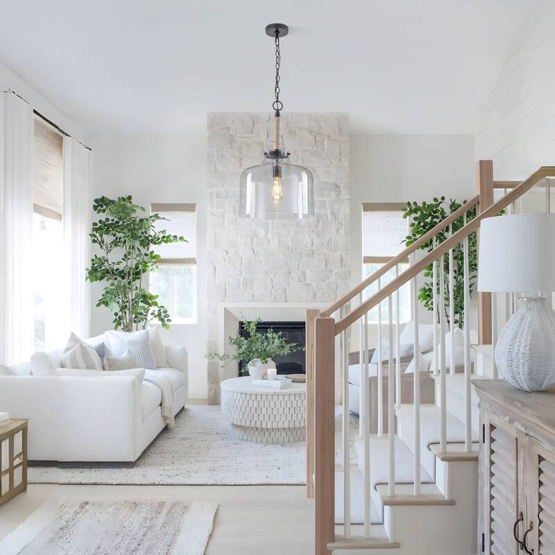 Starsky 1-Light Clear Glass Bell Jar / Cloche Pendant With Rope Accent