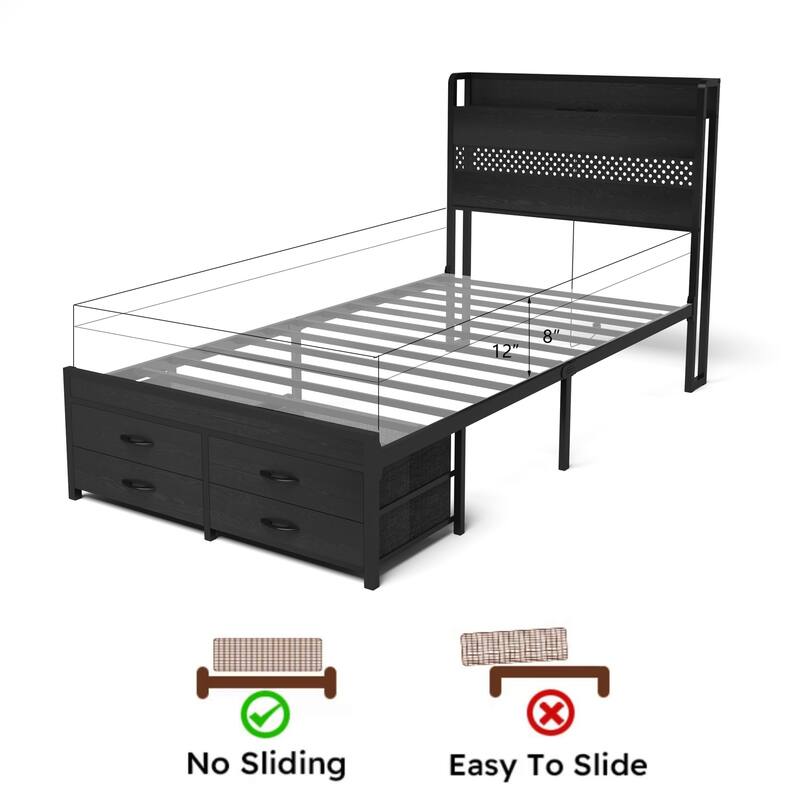 Twin Size Metal Platform Bed Frames with Headboard and Storage Drawer