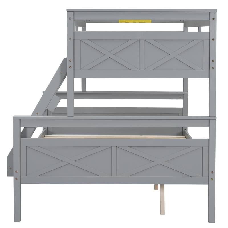 Space-Saving Twin Over Full Bunk Bed with Ladder and Safety Guardrail, Gray