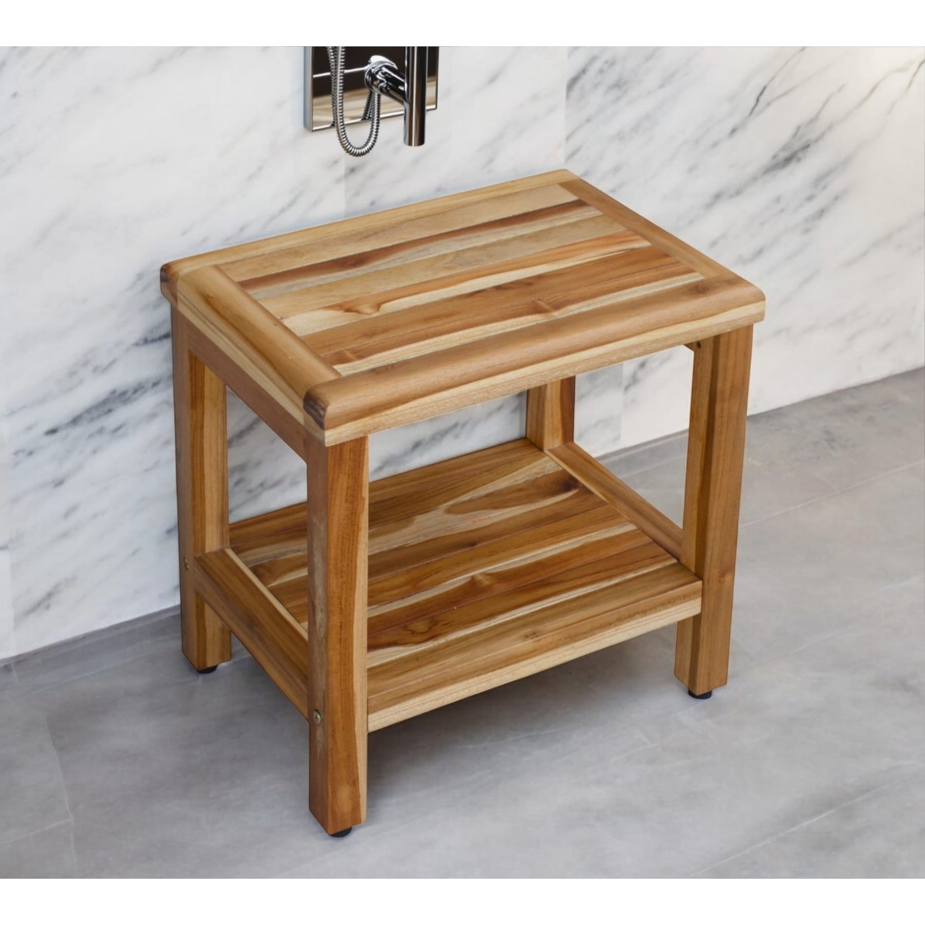 18" Contemporary Teak Shower Stool Or Bench With Shelf In Natural Finish