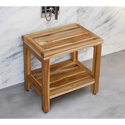 HomeRoots 18" Contemporary Teak Shower Stool Or Bench With Shelf In Natural Finish