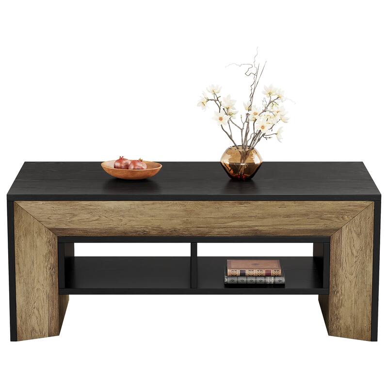 Rectangular Coffee Table with 2-Tier Storage, Modern Wood Center Table for Home Living Room