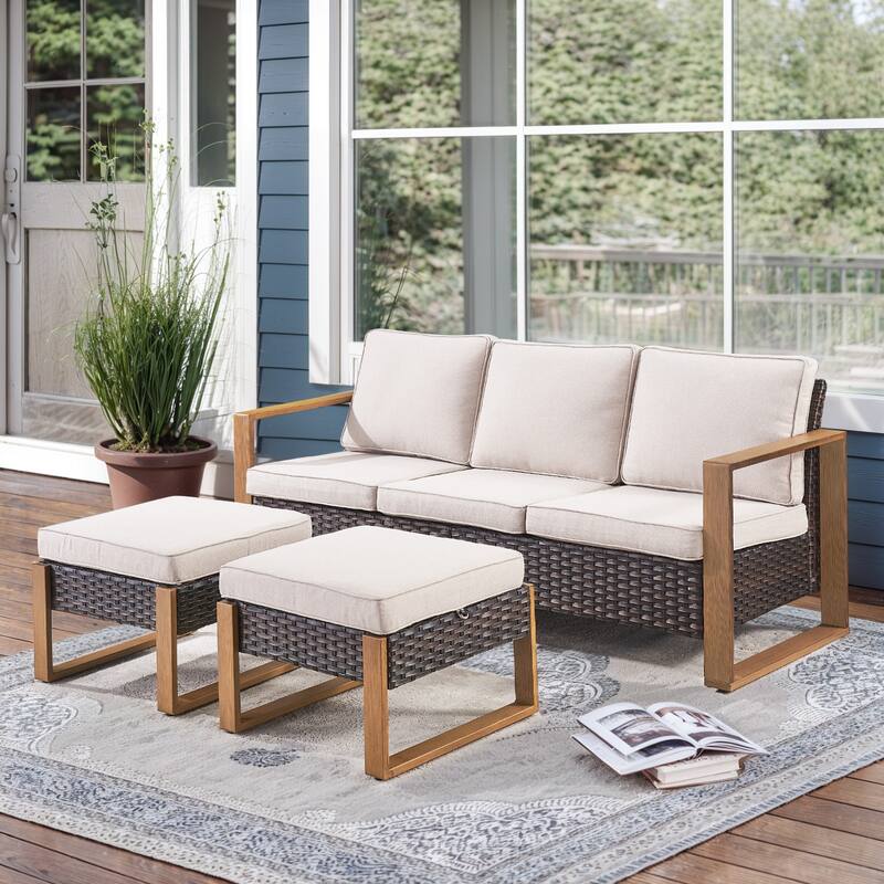 Gymojoy Outdoor Wicker Patio Furniture Sofa Set - 3-Piece Sofa Set - Ottomans - Brown Wicker / Beige Cusion