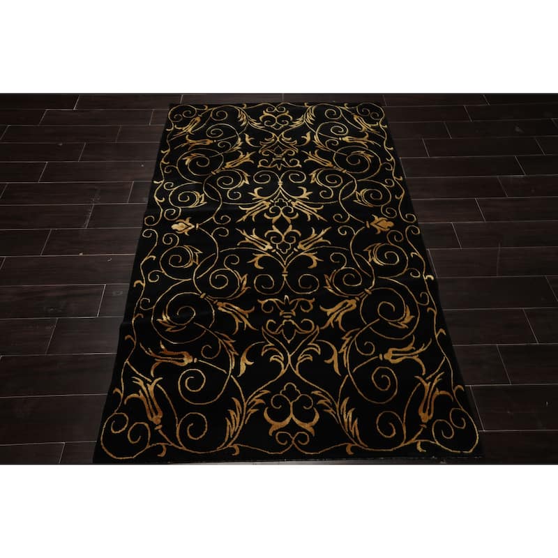Wool & Silk Black Tibetan 4x6'2'' Hand Knotted Transitional Rug - 4' x 6' 2''