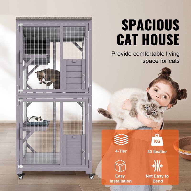 Gray Fir Wood Mesh Cat House 3 Tiers, 1 Door, Tray, Roof, Wheels