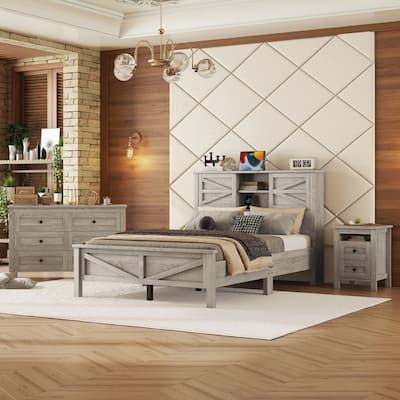 3-Pieces Farmhouse Bedroom Sets, Platform Bed with Sliding Door Storage Headboard and Charging, Nightstand and Dresser