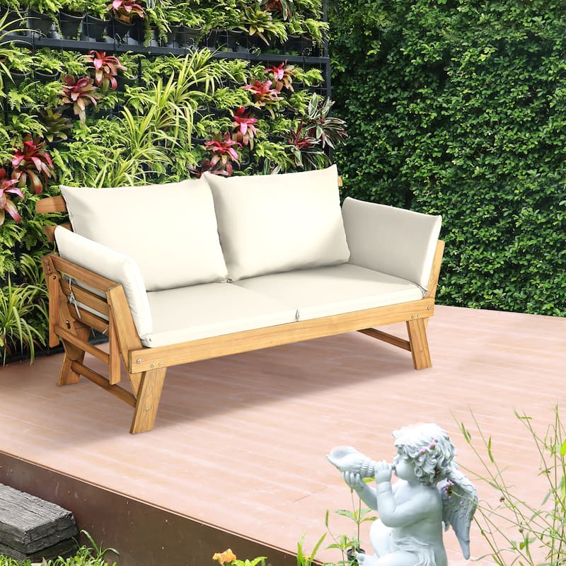 Gymax Adjustable Patio Sofa Daybed Acacia Wood Furniture w/ White - See Details