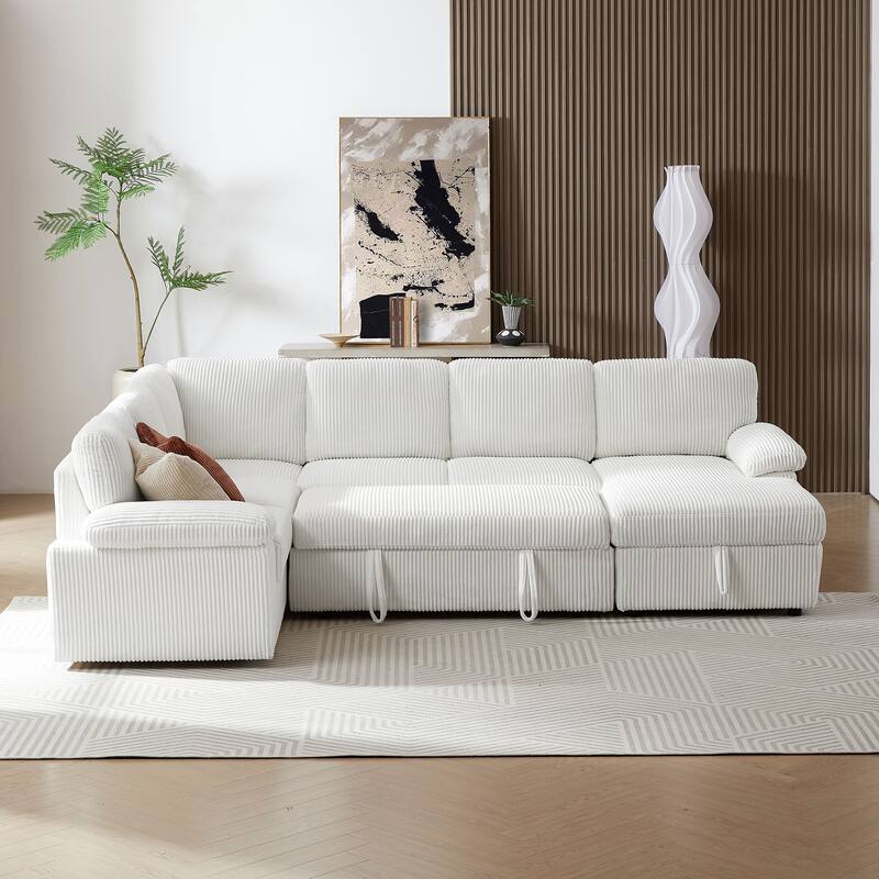 Modular Corduroy Upholstered Convertible Sectional Sofa with Storage
