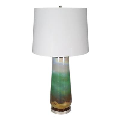 30 Inch Accent Table Lamp, Linen Drum Shade, Glass Frame, White and Green