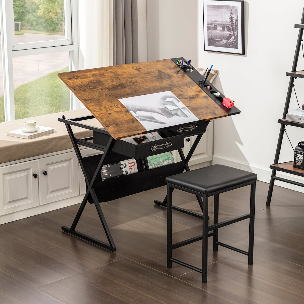Javlergo Drafting Table Drawing Table Artist Desk Tilting Tabletop Art Craft Desk, 2 Storage Drawers and Stool for Home Office