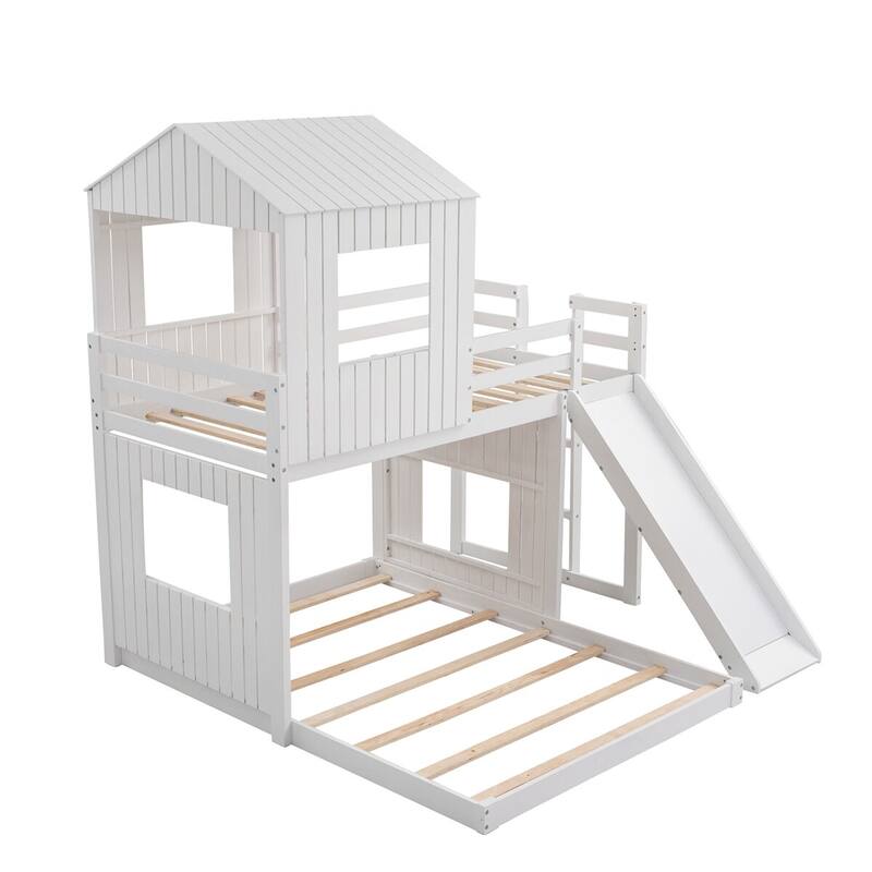 Merax Wooden Twin over Full Bunk Bed with Playhouse, Farmhouse, Ladder, Slide and Guardrails