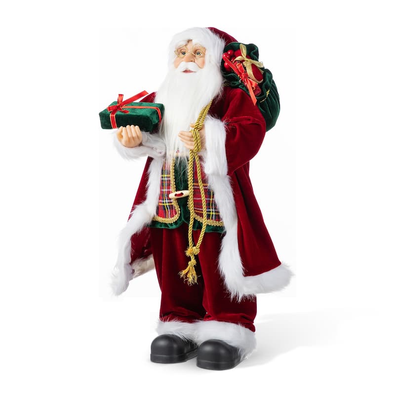 Glitzhome 18"H Faux Fur Christmas Santa Figurines with Porcelain Face