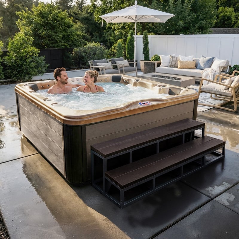 American Spas 7-Person 100-Jet Premium Acrylic Bench Spa Standard Hot Tub with Sound System and LED Waterfall