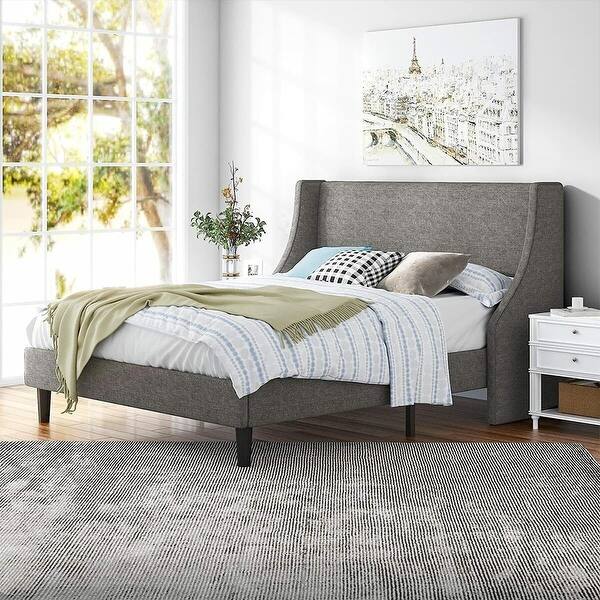 Queen Fabric Upholstered Wingback Bed Frame with Headboard, Light Grey