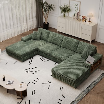 Modern Convertible U-shaped Wood Frame Sectional Sofa with Storage Armrests