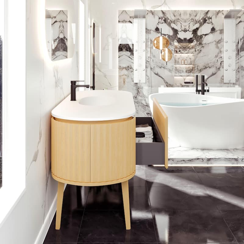 Haven 64"W Oak Freestanding Vanity with Solid Surface Integrated Sink Top