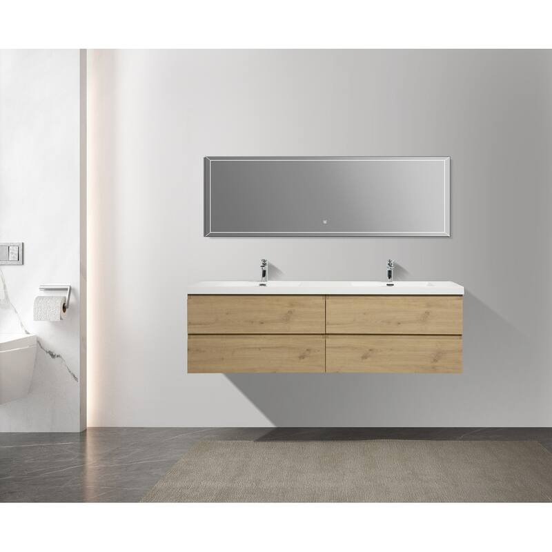 Alma-Pre 84 Inch Wall Mount Vanity with White Double Sink - Beige