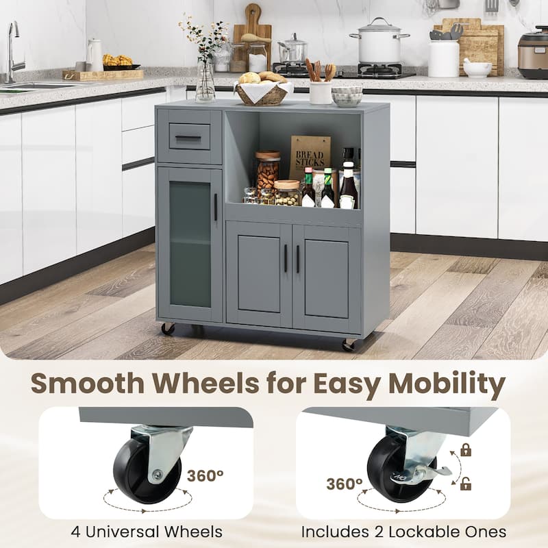 Gymax Kitchen Island Cart on Wheels Microwave Cabinet w/ Frosted