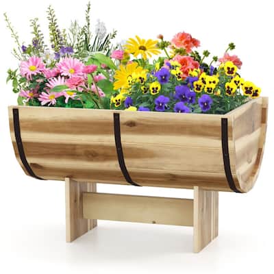 Outdoor Wooden Planter Solid Acacia Wood Half-Barrel Planter Box With Legs - Natural - 18" x 12" x 11.5"